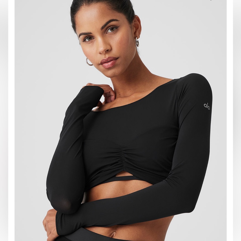 Alo Mesh Sheer Illusion Cropped Long Sleeve Black Size Small - Picture 7 of 8